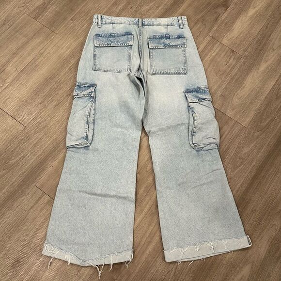 Zara TRF Mid Rise Cargo Baggy Loose Fit Light Tan Wide Leg Y2K Denim - Picture 2 of 8